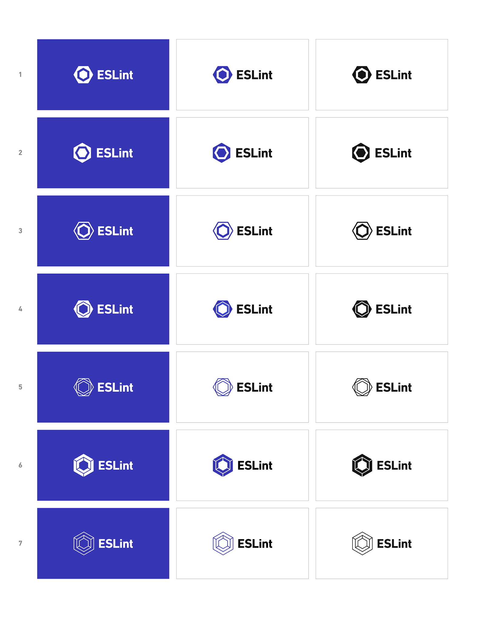 Showing seven alternative proposals for new ESLint logo, with three color variants each