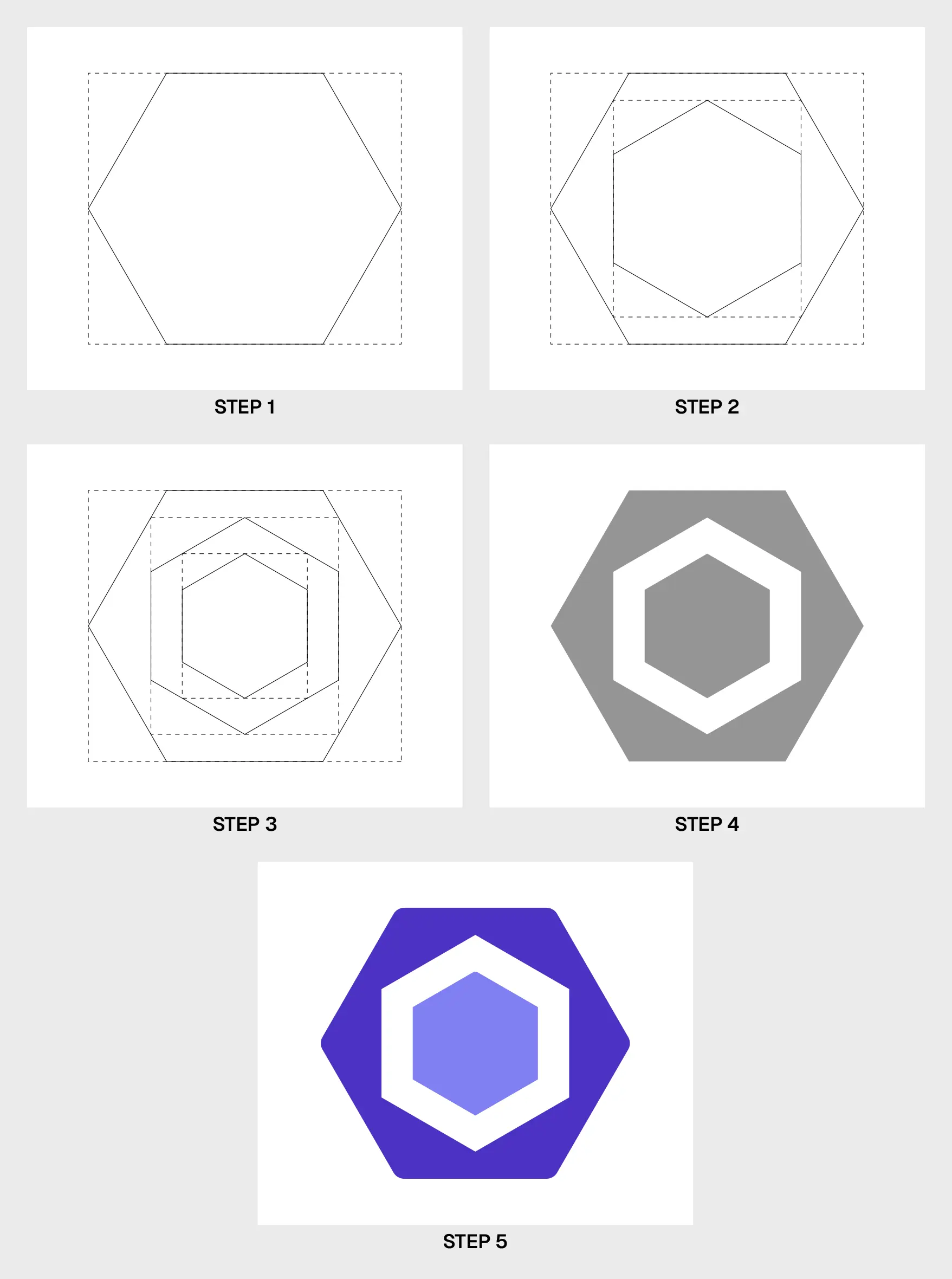 Showing construction steps of the logo grid and hexagon shape